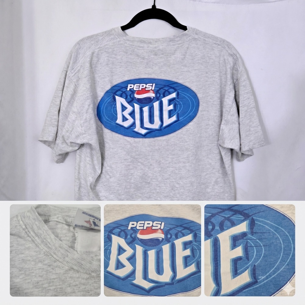 Vintage 2002 Pepsi Blue Promo Shirt Jerzees L Grey Y2K Soda Advertising T-Shirt